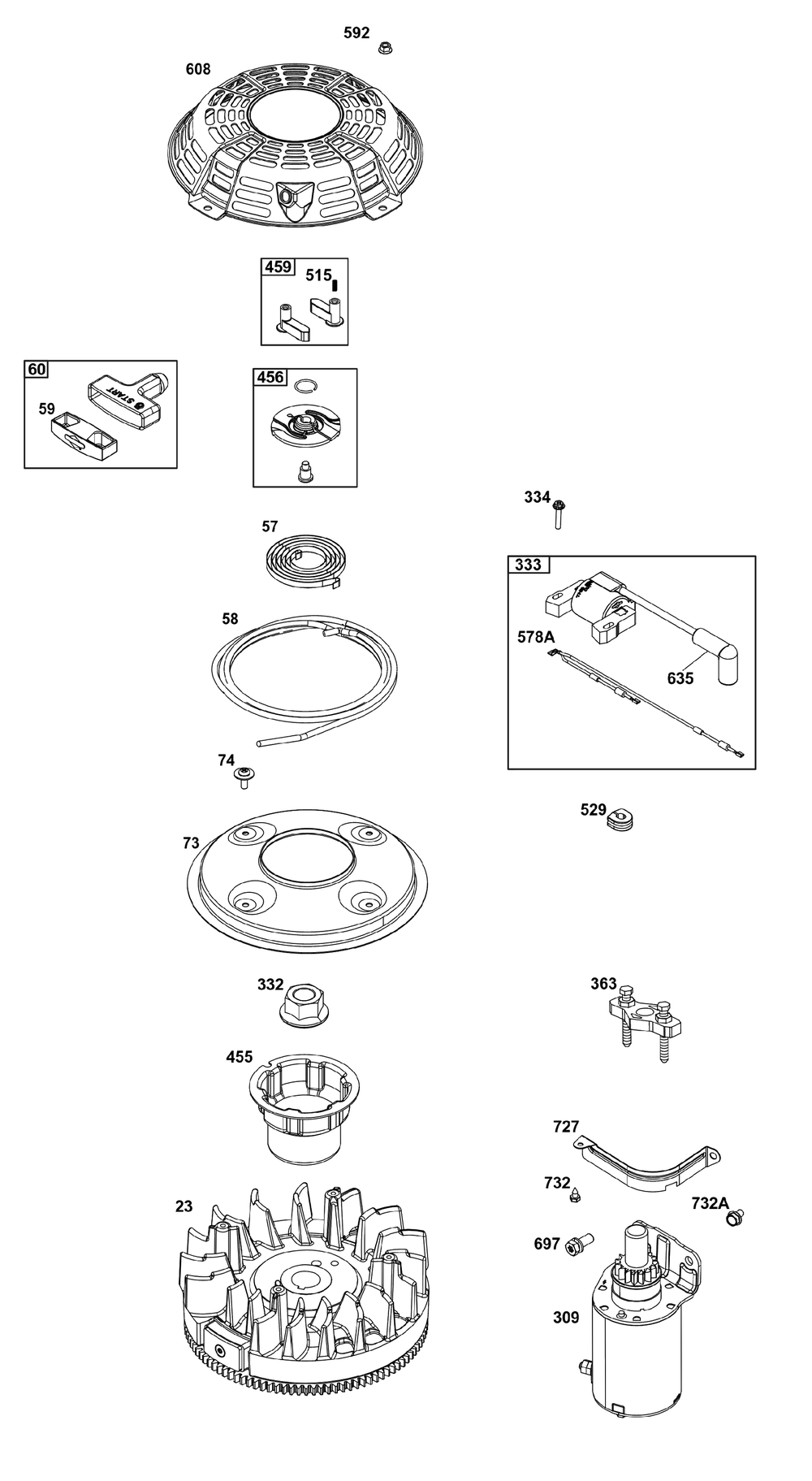 Flywheel, Ignition, And Starter Group Diagram and Parts List for 305777-0161-B5 200000 - 399999 Briggs and Stratton Engine